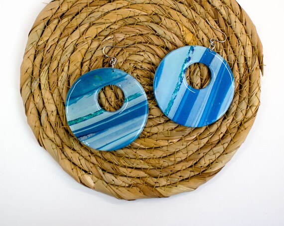Shades of blue, marbled hoop earrings