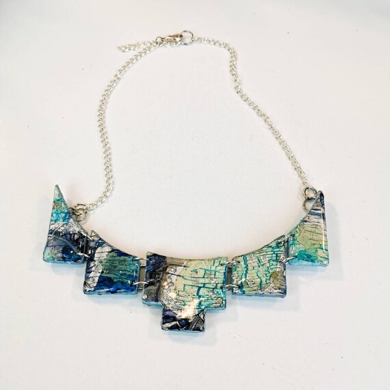 Blue, purple and silver, polymer clay and resin, statement necklace