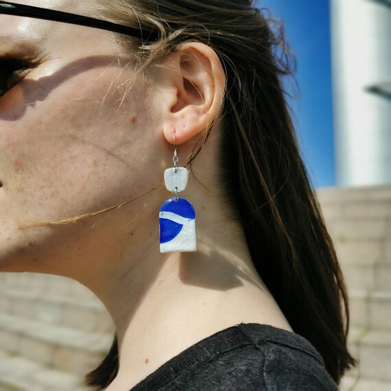 Unique, handpainted, nickel-free, navy blue, polymer clay and resin, drop earrings