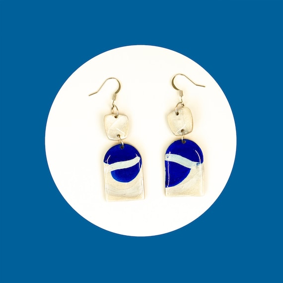Unique, handpainted, nickel-free, navy blue, polymer clay and resin, drop earrings