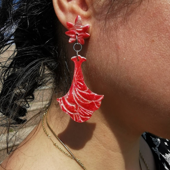 Red, floral, polymer clay and resin drop earrings