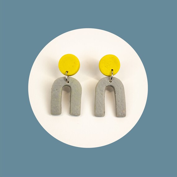 Small, polymer clay, arches, in grey and yellow, that are nickel-free | cool, colour block, arc earrings | mini u earrings