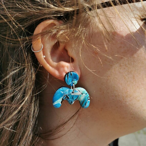 Quirky green and blue handmade and hand painted earrings