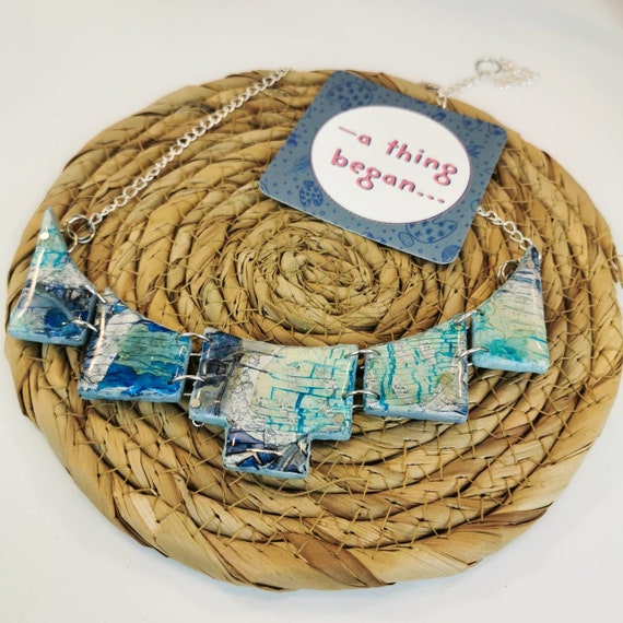 Stunning handpainted bib necklace, blue, purple and silver jewellery, clay and resin statement necklace, perfect gift for her
