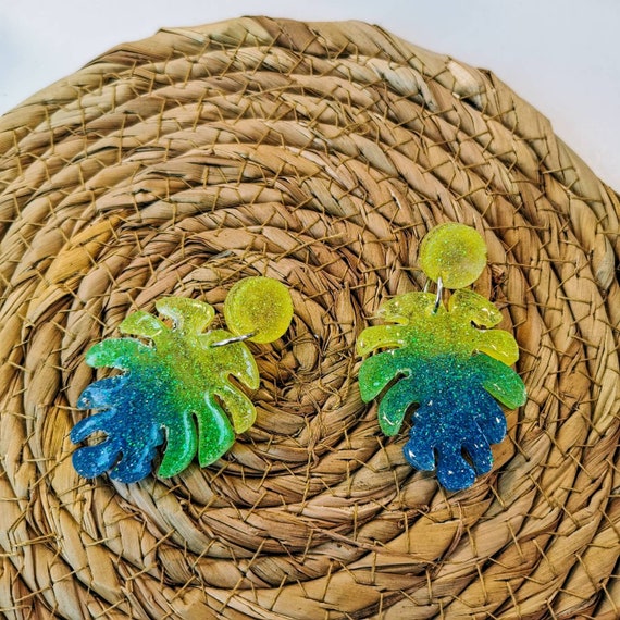 Glitter monstera earrings