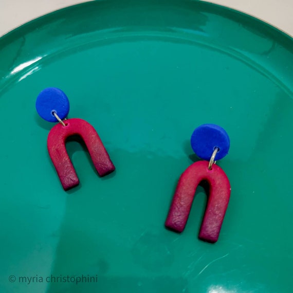 Mini polymer clay, u earrings in magenta and blue