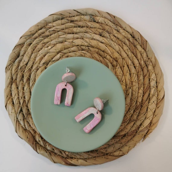 Pearly pastel arches earrings, mini clay u earrings, nickel free pink and pearl white jewellery