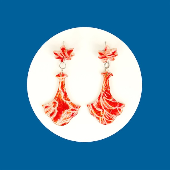 Red floral, nickel free, polymer clay, earrings | bohemian, delicate, chandelier earrings | girly, drop earrings | gift for bridesmade