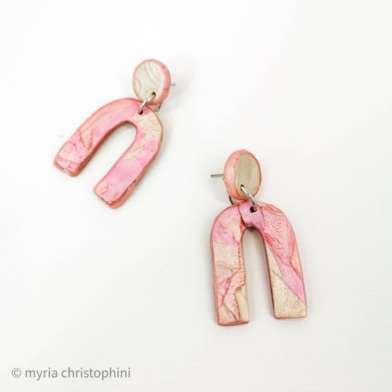 Pink, pastel, polymer clay, arc earrings
