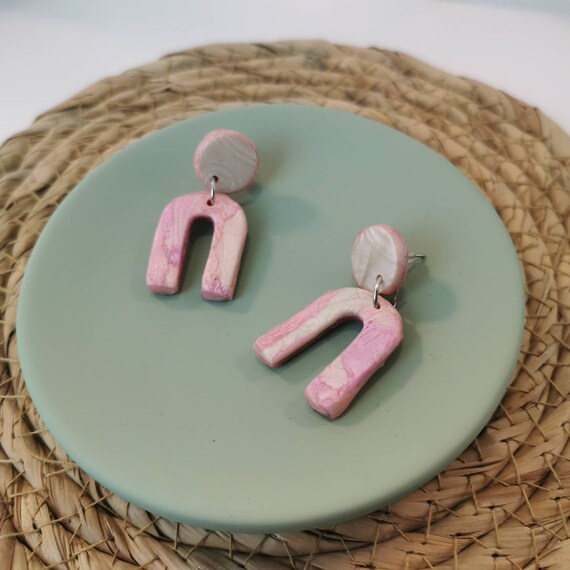 Pearly pastel pink and white, polymer clay arch earrings out of polymer clay (nickel free)