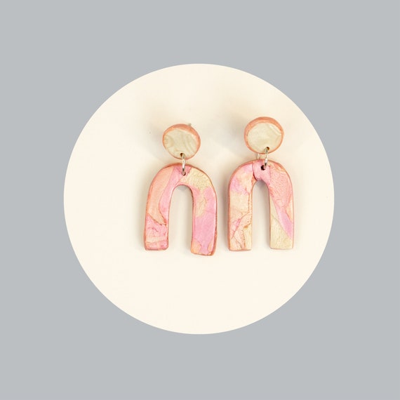 Nickel free, pastel, polymer clay, arc, earrings | lightweight and modern arches earrings | pink contemporary u earrings