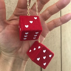 Red Fuzzy Dice with White Hearts and Chain or Cord / Car Accessories, Charms, Gift, Novelty, Mirror Danglers, Red Car Accessories