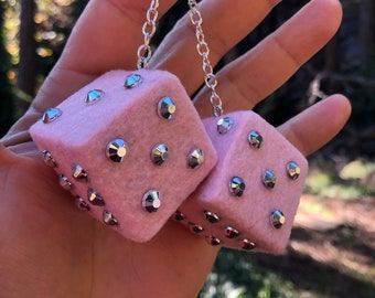 Baby Pink Fuzzy Dice With Silver Chrome Gems and Chain or Cord