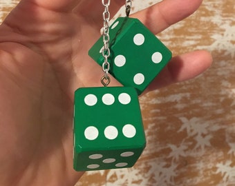 Green Dice with White Dots on Chain or Cord