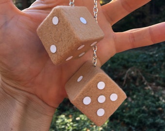 Tan Fuzzy Dice with White Dots and Chain or Cord / Car Accessories, Charms, Gift, Novelty, Mirror Danglers, Tan Car Accessories