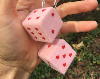 Oversized Pastel Pink Fuzzy Dice with Red Hearts, Car Accessories, Gifts  for Teens, Boho Aesthetic Decor, Home Accents