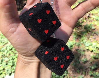 Black Fuzzy Dice with Red Hearts and Chain or Cord / Car Accessories, Charms, Gift, Novelty, Mirror Danglers, Car Dice, Car Charm