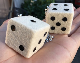 Antique / Bone White Fuzzy Dice with Black Dots and Chain or Cord / Casino, Gambling, Rat Rod, Car Charms, Mirror Hanger, Goth, Halloween