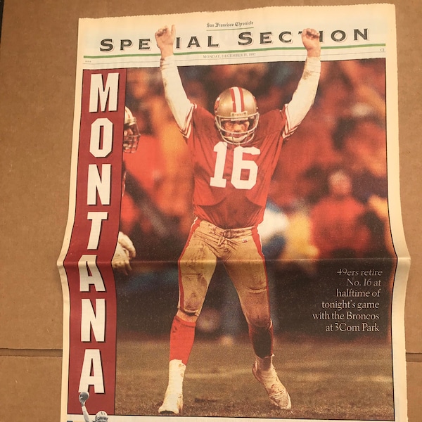 Section spéciale de retraite de Joe Montana ! 15 décembre 1997 San Francisco Chronicle Journal 49ers Red Gold Californie du Nord Norcal Sports