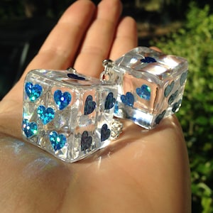 Ice Cube Rear View Mirror Hangers with Light Blue Sparkle Hearts and Chain or Cord