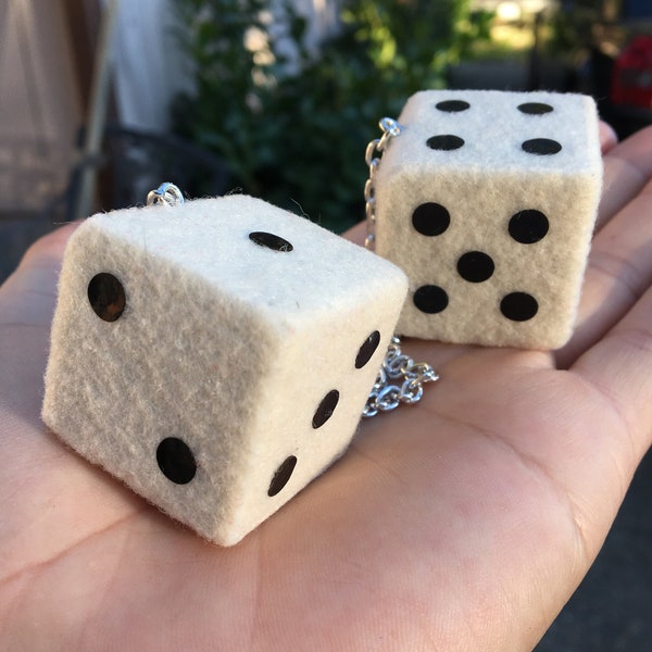 Antique / Bone White Fuzzy Dice with Black Dots and Chain or Cord / Casino, Gambling, Rat Rod, Car Charms, Mirror Hanger, Goth, Halloween