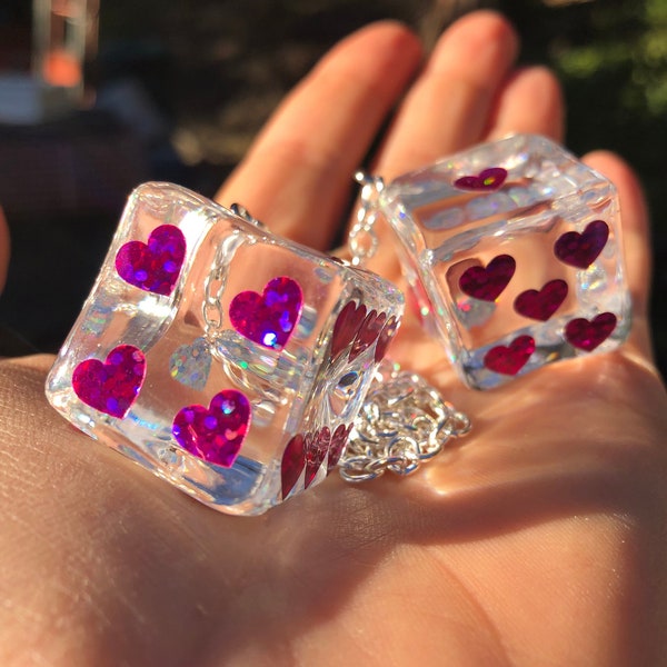 Ice Cube Rear View Mirror Hangers with Hot Pink Sparkle Hearts and Chain or Cord