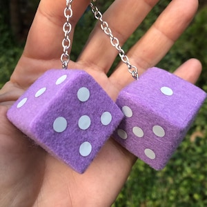 Lilac Fuzzy Dice with Light Gray Dots and Chain or Cord / Car Accessories, Charms, Gift, Novelty, Mirror Danglers, Car Dice, Car Charm