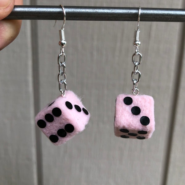 Mini Pink Fuzzy Dice Dangle Earrings with Black Dots / Retro Earrings 1950's Classic Dangle Earrings Lightweight