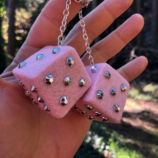 Baby Pink Fuzzy Dice with Silver Chrome Gems and Chain or Cord / Car Accessories, Charms, Gift, Novelty, Mirror Danglers, Car Dice Car Charm