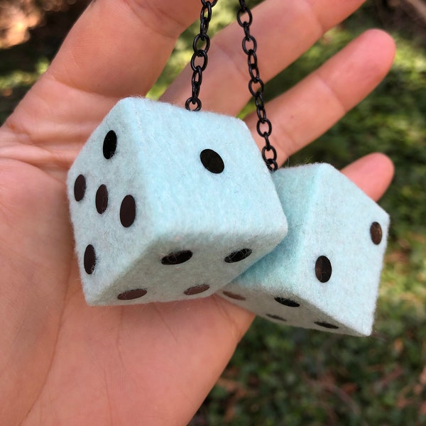 Minty Green Fuzzy Dice with Black Dots and Chain or Cord / Car Accessories, Charms, Gift, Novelty, Mirror Danglers, Car Dice, Mint