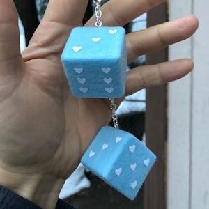 Baby Blue Fuzzy Dice with White Hearts and Chain or Cord / Car Accessories, Charms, Gift, Novelty, Mirror Danglers, Rear View Mirror Dice