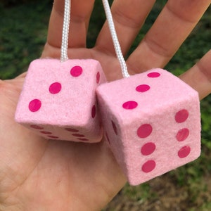 Baby Pink Fuzzy Dice with Hot Pink Dots and Chain or Cord / Car Accessories, Charms, Gift, Novelty, Mirror Danglers, Car Dice, Car Charm
