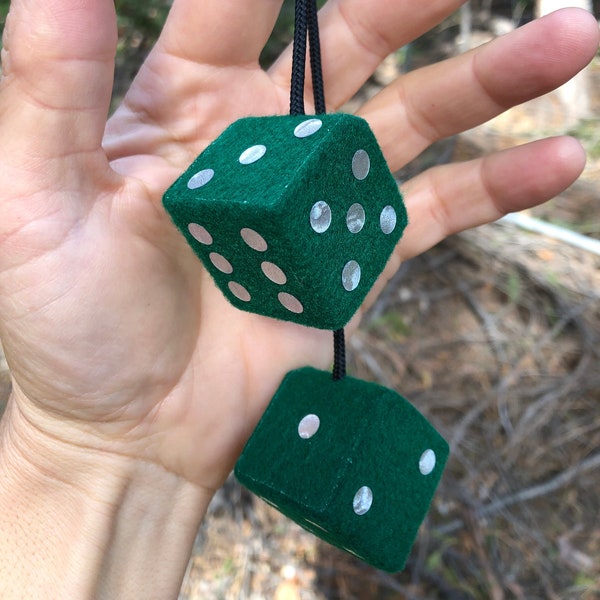 Dark / Kelly Green Fuzzy Dice with Metallic Silver Dots and Chain or Cord / Car Accessories, Charms, Gift, Novelty, Mirror Danglers