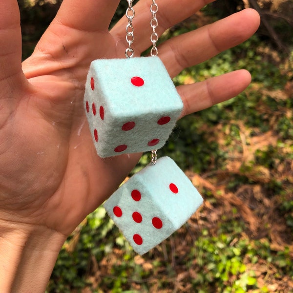 Minty Green Fuzzy Dice with Red Dots and Chain or Cord / Car Accessories, Charms, Gift, Novelty, Mirror Danglers, Car Dice, Car Charm