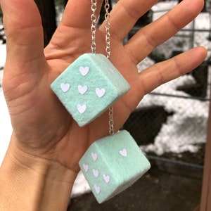 Minty Green Fuzzy Dice with White Hearts and Chain or Cord / Car Accessories, Charms, Gift, Novelty, Mirror Danglers, Car Dice, Mint