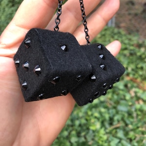 Black Fuzzy Dice with Black Bling Gems and Chain or Cord / Car Accessories, Charms, Gift, Novelty, Mirror Danglers, Car Dice, Car Charm