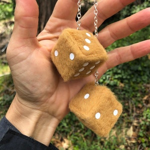 Honey Plush Fuzzy Dice with White Dots and Chain or Cord / Car Accessories, Charms, Gift, Novelty, Mirror Danglers, Car Dice, Car Charm