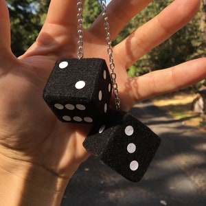 Black Fuzzy Dice with White Dots and Chain or Cord / Car Accessories, Charms, Gift, Novelty, Mirror Danglers, Car Dice, Car Charm