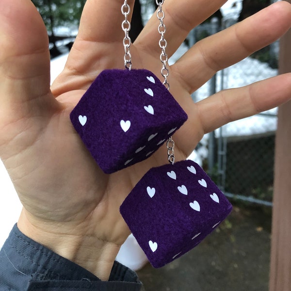 Dark Purple Fuzzy Dice with White Hearts and Chain or Cord / Car Accessories, Charms, Gift, Novelty, Mirror Danglers, Car Dice, Car Charm