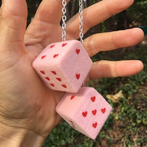 Baby Pink Fuzzy Dice with Red Hearts and Chain or Cord / Car Accessories, Charms, Gift, Novelty, Mirror Danglers, Car Dice, Car Charm