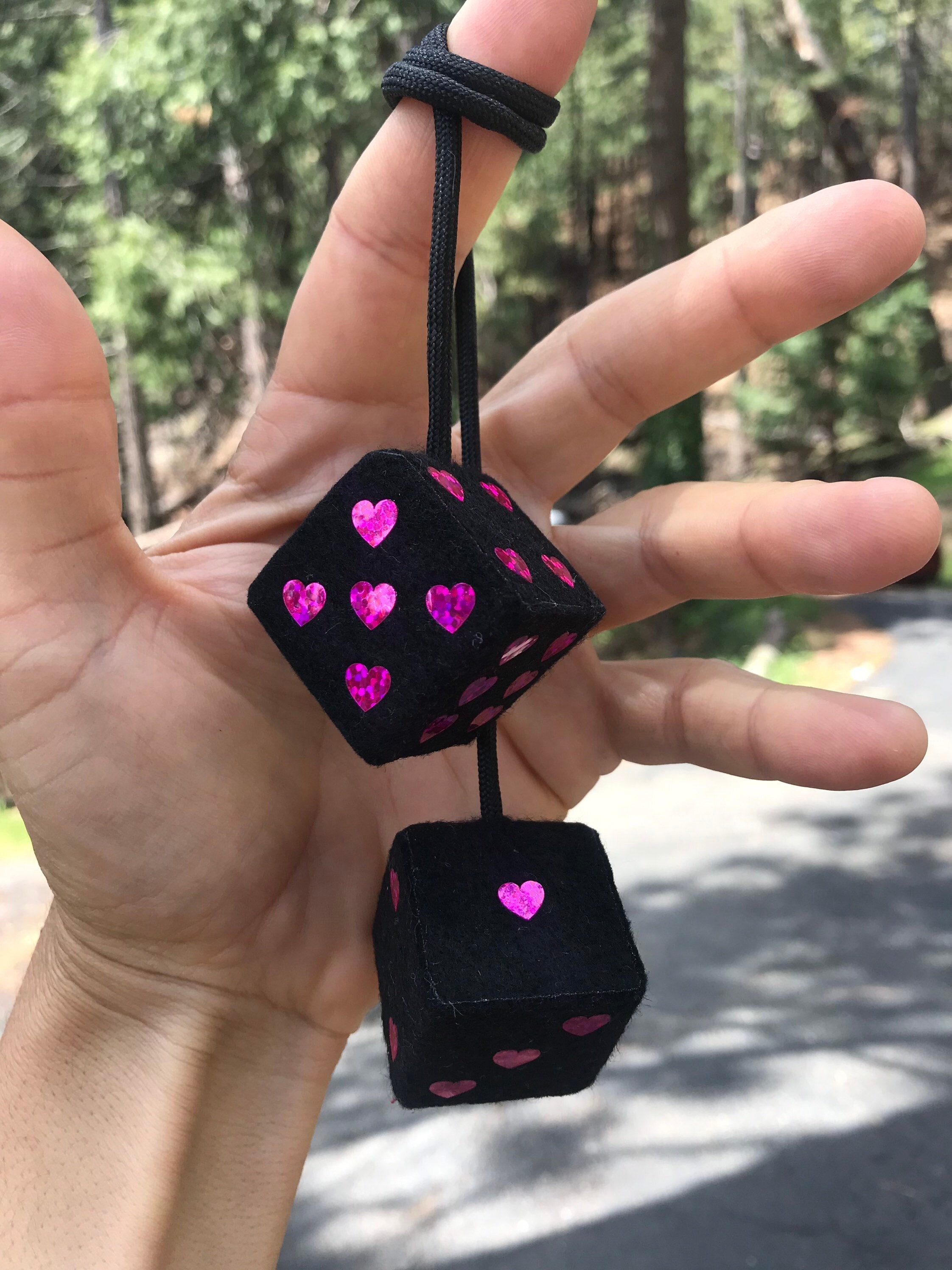 Baby Pink Fuzzy Dice With Black Hearts and Chain or Cord / Car