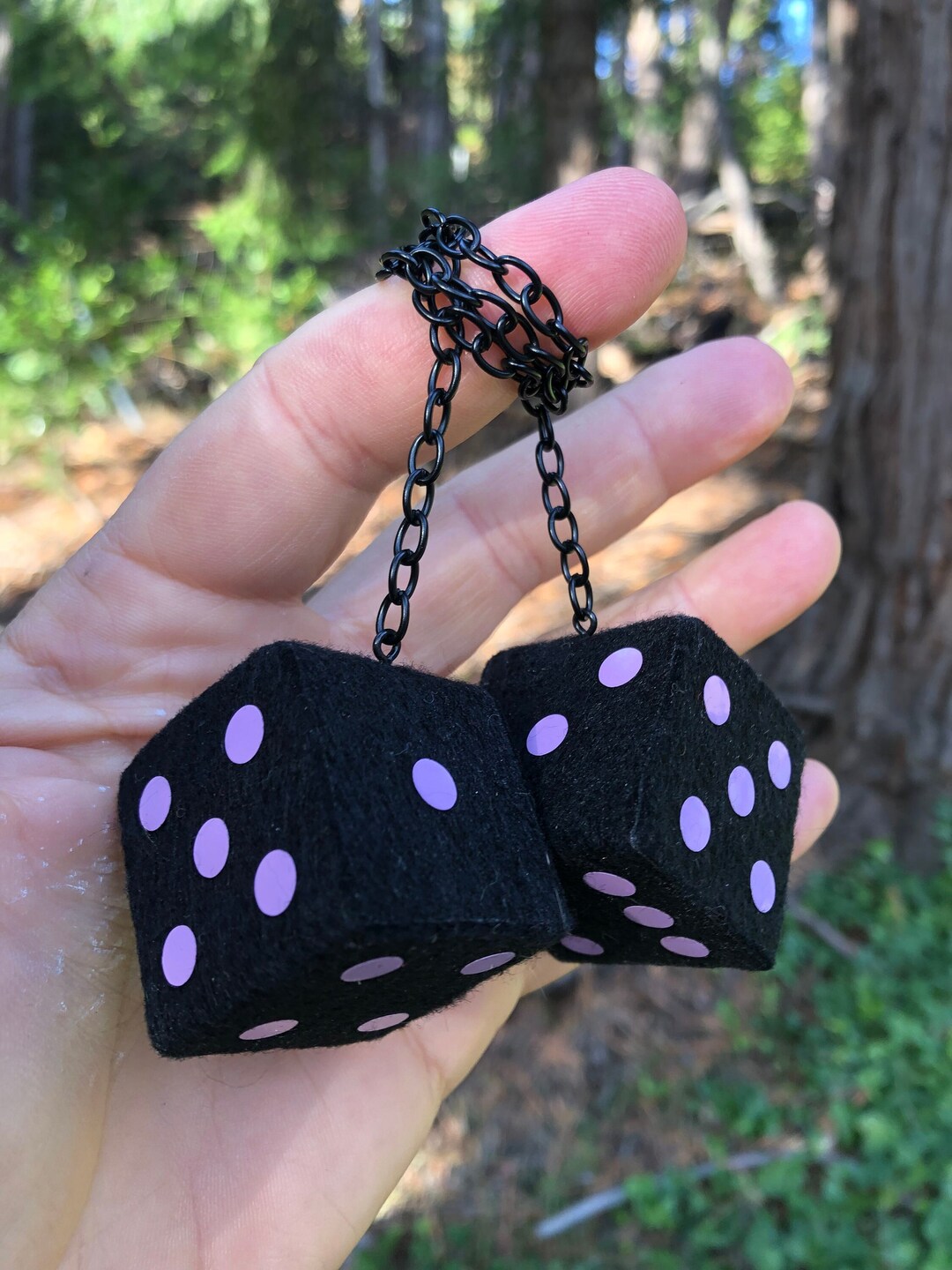 Black Fuzzy Dice With Lilac Dots and Chain or Cord / Car Accessories