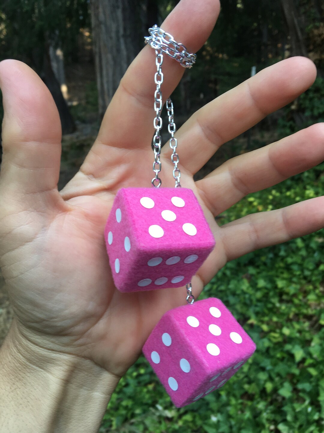 Candy Pink Fuzzy Dice With White Dots and Chain or Cord / Car