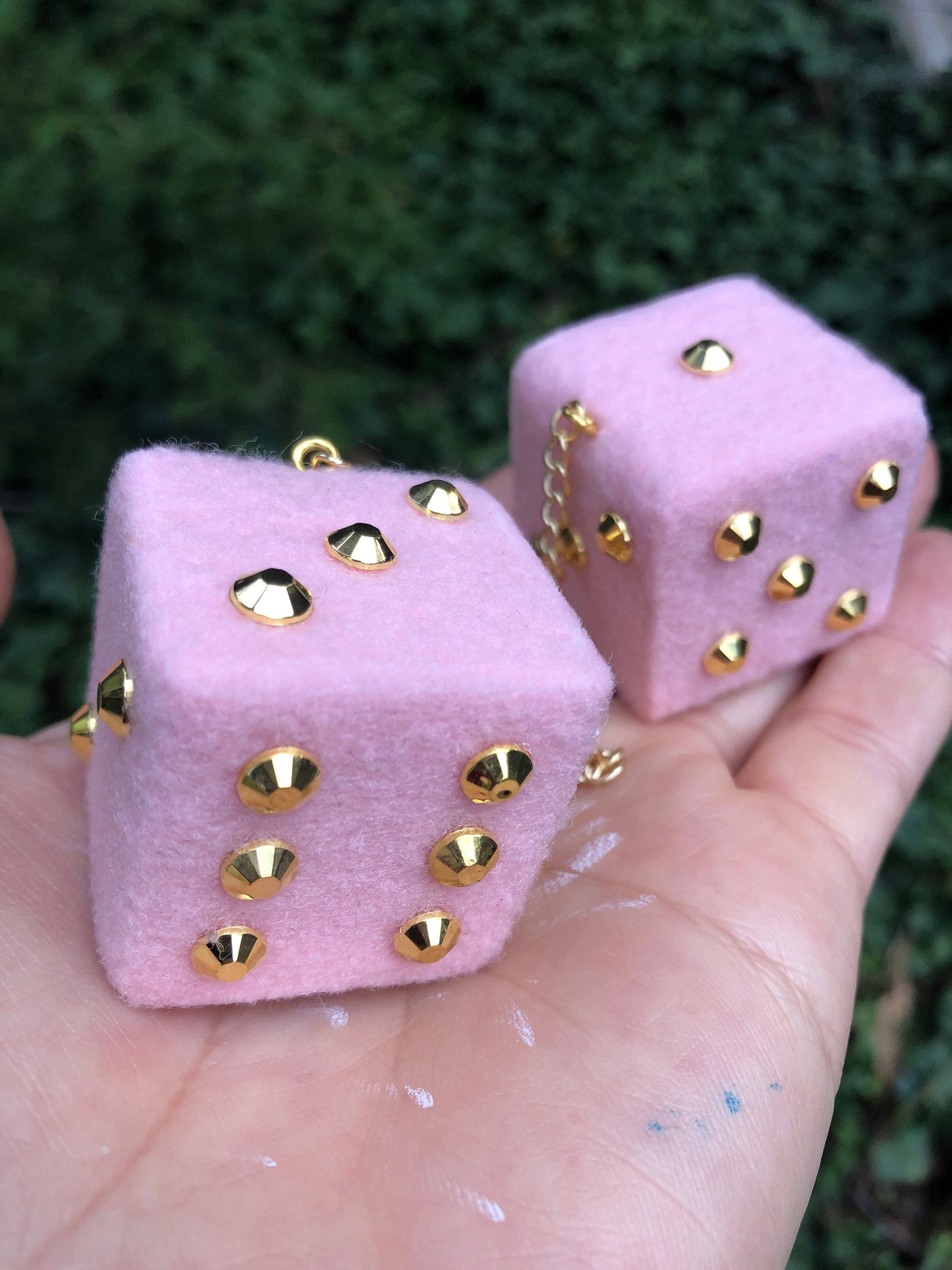 Baby Pink Fuzzy Dice With Silver Chrome Gems and Chain or Cord
