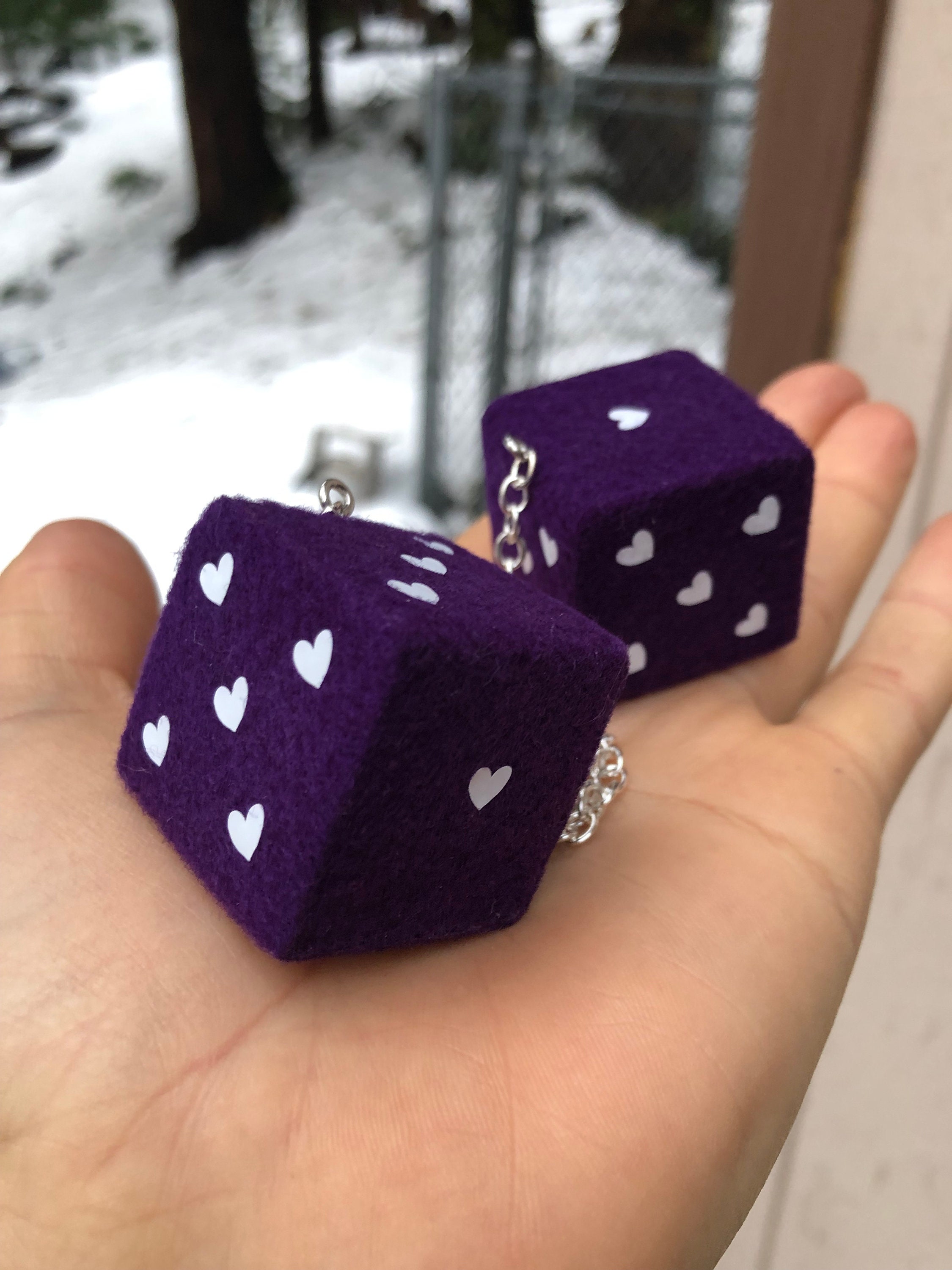 Dark Purple Fuzzy Dice With White Hearts and Chain or Cord / Car  Accessories, Charms, Gift, Novelty, Mirror Danglers, Car Dice, Car Charm 