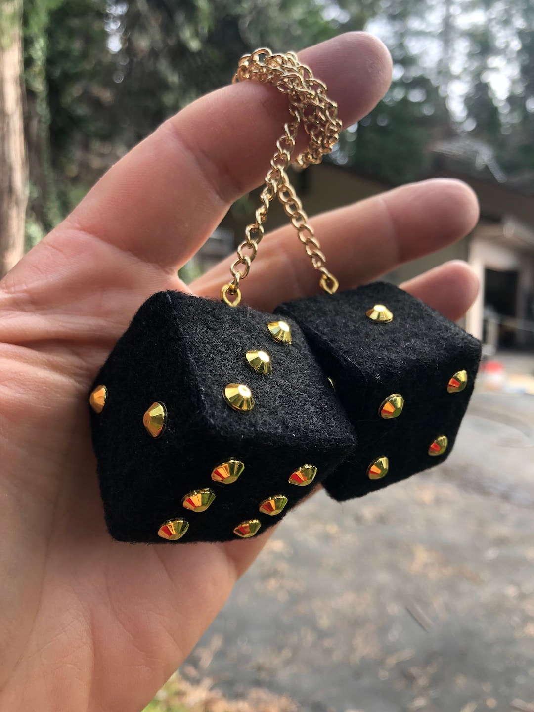 Black Fuzzy Dice With Gold Chrome Bling Gems and Chain or Cord / Car