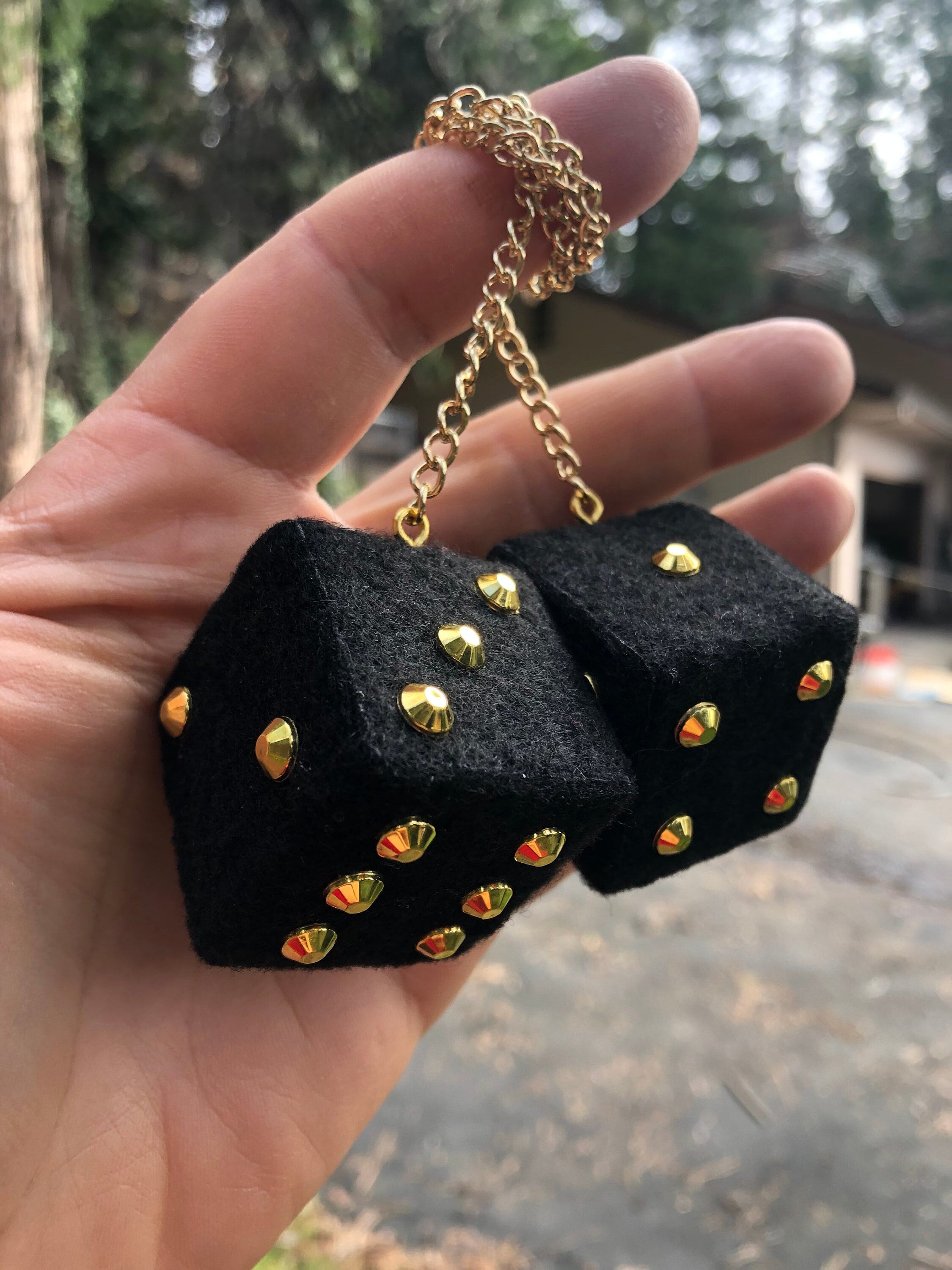 Black Fuzzy Dice With Gold Chrome Bling Gems and Chain or Cord
