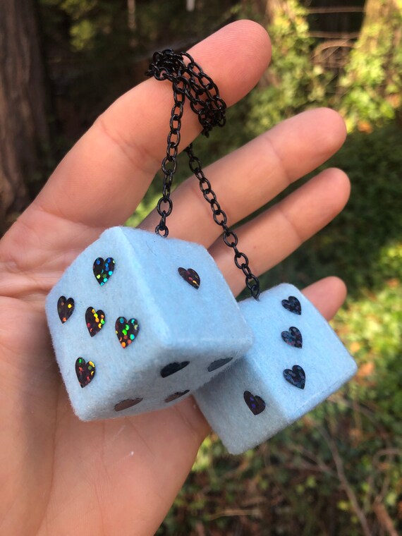 Baby Blue Fuzzy Dice with Black Sparkle Hearts and Chain or Cord Car Accessories Charms Gift Novelty Rear View Mirror Dice