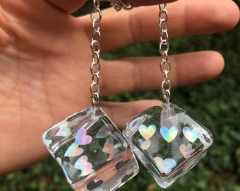 Ice Cube Rear View Mirror Hangers with Iridescent Silver Hearts and Chain or Cord