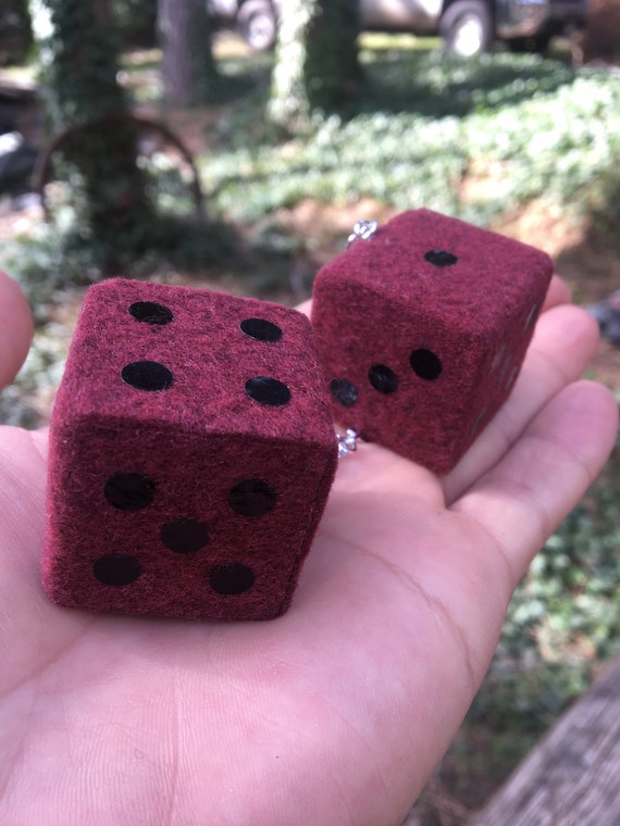 Burgundy Fuzzy Dice With Black Dots and Chain or Cord / Car